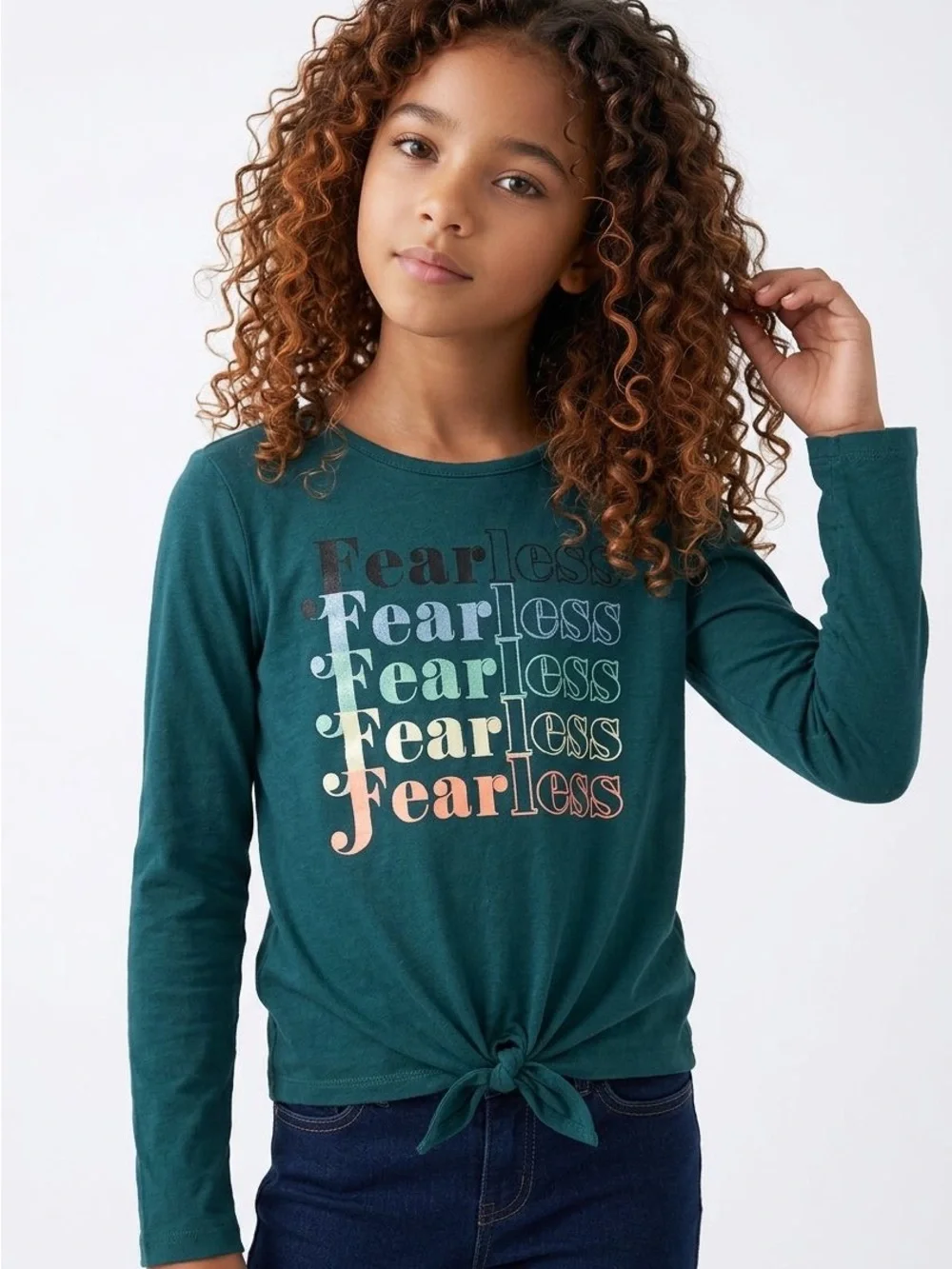 Justice Teal Long-Sleeve 'Fearless' Tie-Front Top
